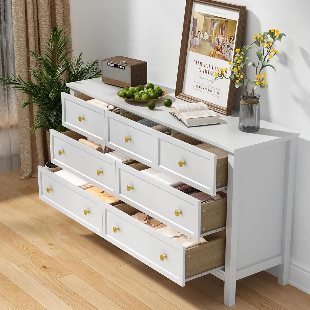 white dresser for bedroom, 7 drawer dresser with wide drawers and gold metal handles, 55" white and gold dresser tv stand, mode