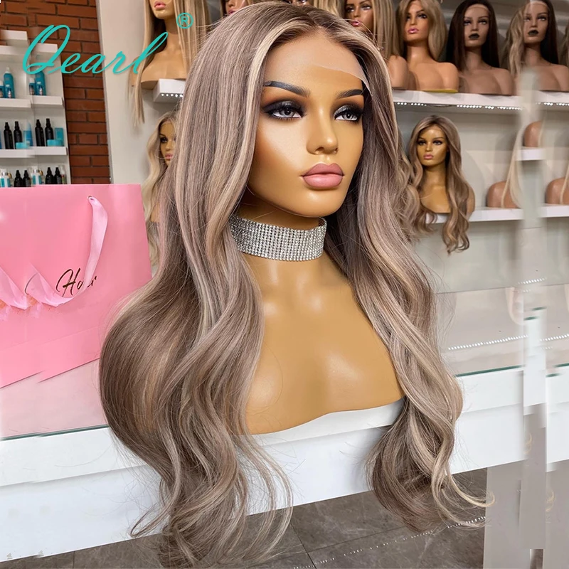 Body Wave Full Lace Wig Dark Grey ASh Highlights Blonde Colored Lace Frontal Wigs 13x6 Real Human Hair Wig 180% Glueless Qearl