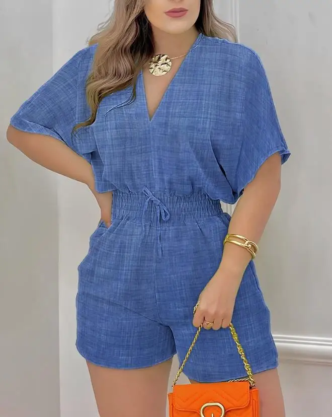 

Female Denim Look Print Batwing Sleeve Romper 2023 Summer Fashion Short Jumpsuits Women's Short Sleeve Shirred Casual Playsuits