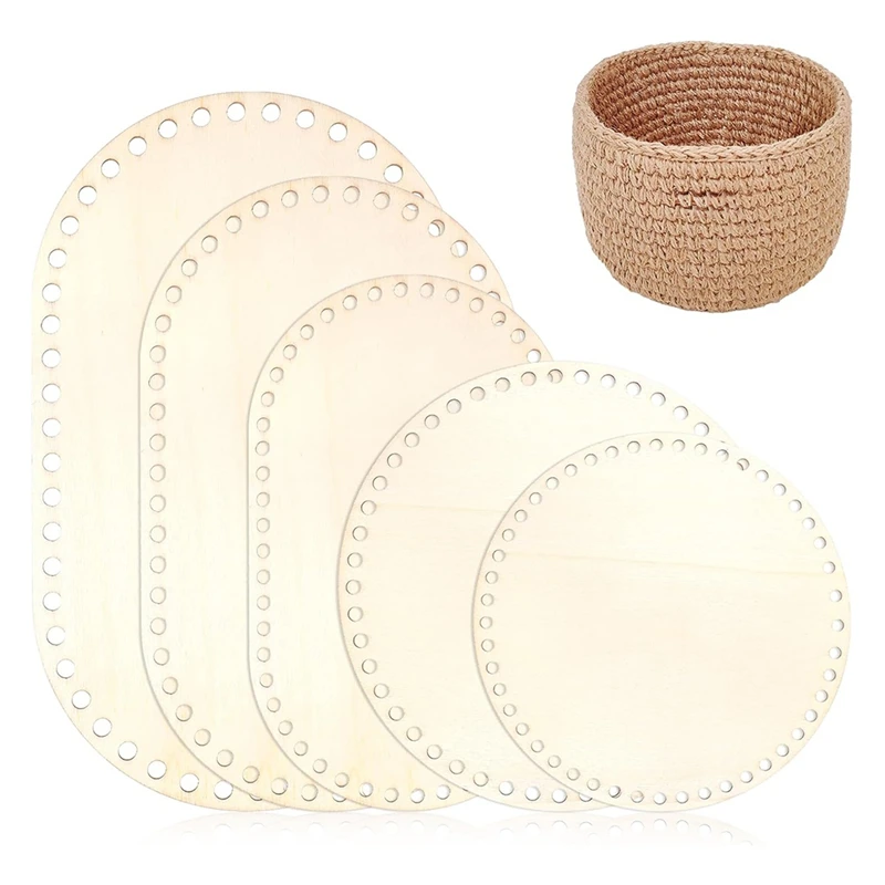 5PCS Wooden Basket Bottom, 5 Size Oval Circle Blank Solid Crochet Basket Wood Base For DIY Craft Weaving Supplies