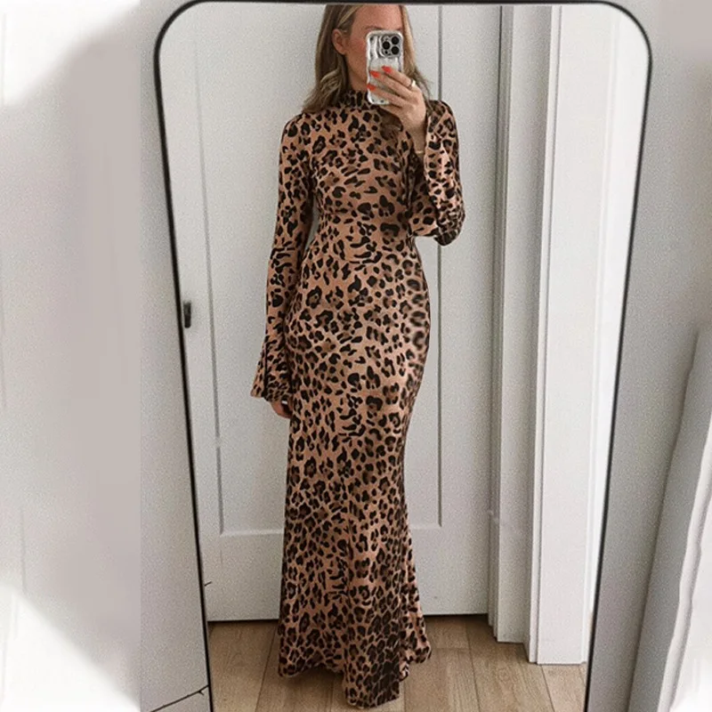 Leopard Printed Slim Long Dress Female Fashion Patchwork Contrast Elegant Long Sleeve Party Dress For Women Autumn Dress