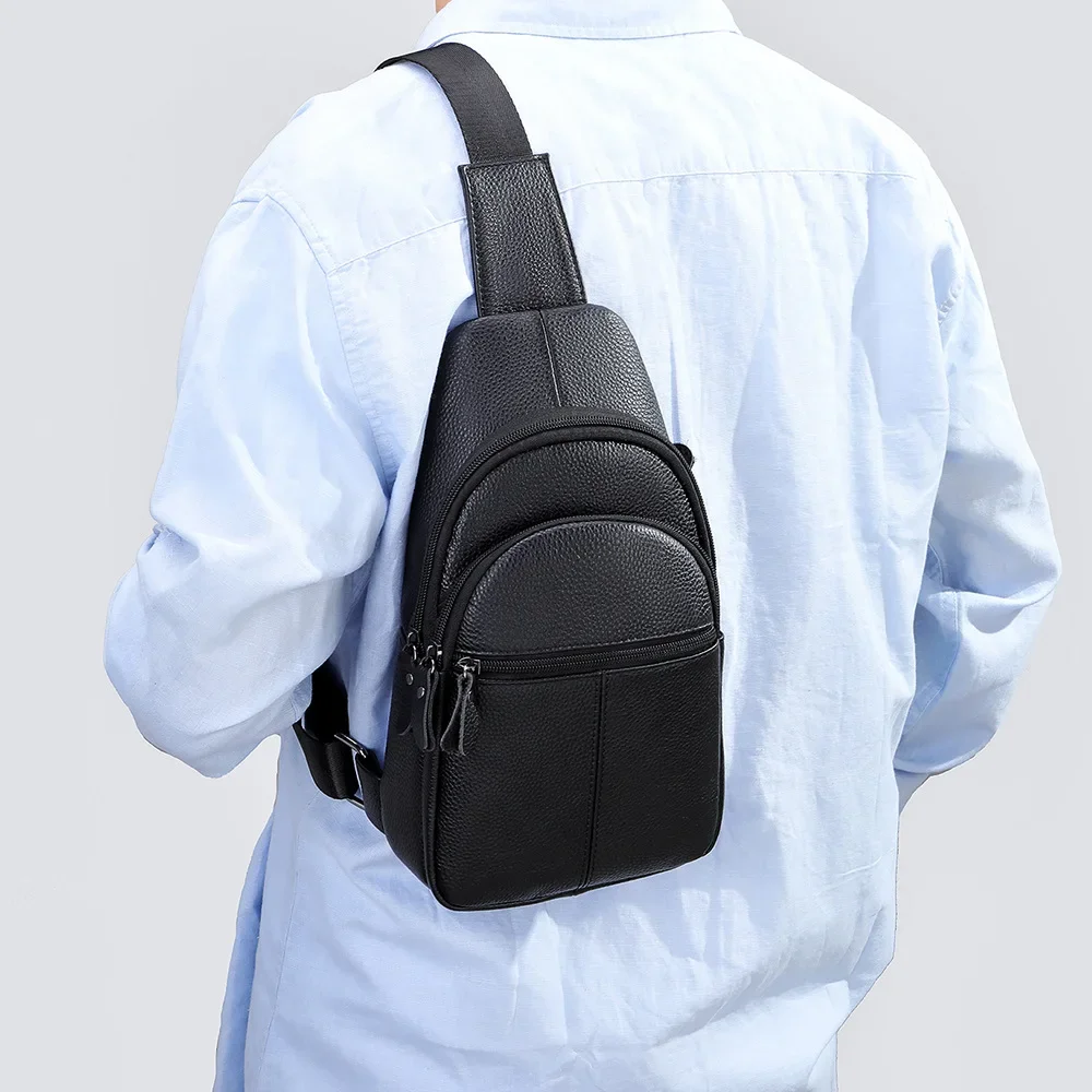 

Men's Urban Hot Selling Leather Crossbody Expansion Head Layer Cowhide Cycling Backpack Single Shoulder Mobile Phone Chest Bag