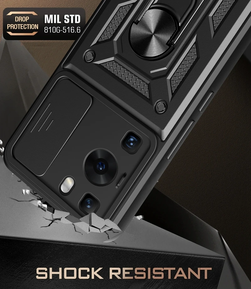 Armor Shockproof Magnetic Ring Stand Holder Case with Slide Camera Lens Cover