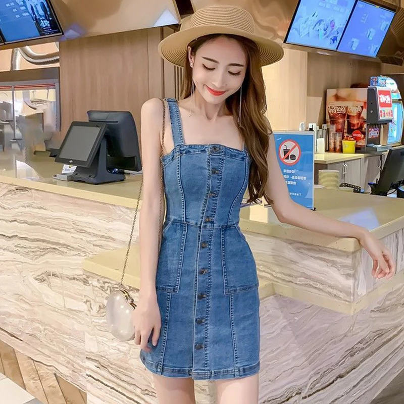 Women Denim A Line Dress Korean Single-Breasted Pockets Design Blue Strap Dresses Female Sexy Skinny Collect Waist Jean Dress