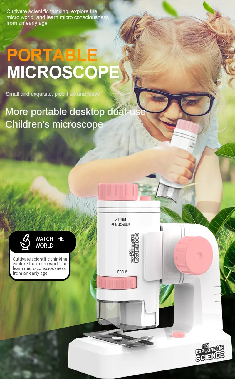 S1d83e16416ae4d569977260bf547f5d4c 60-200X Children Microscope Pocket Microscope with LED Light Portable Electric Mini High Definition Science Microscope Outdoor Mallzona