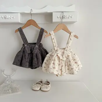2025 Autumn New Baby Girl Sleeveless Floral Bodysuit Toddler Girl Corduroy Strap Jumpsuit Infant Sling Dress Cotton Baby Clothes