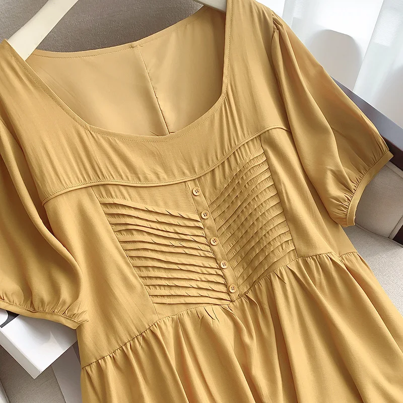 여성용 플러스 사이즈 바스트 150, 루즈 스퀘어 넥 드레스, 노란색 5XL 6XL 7XL 8XL 9XL, 150Kg, 여름