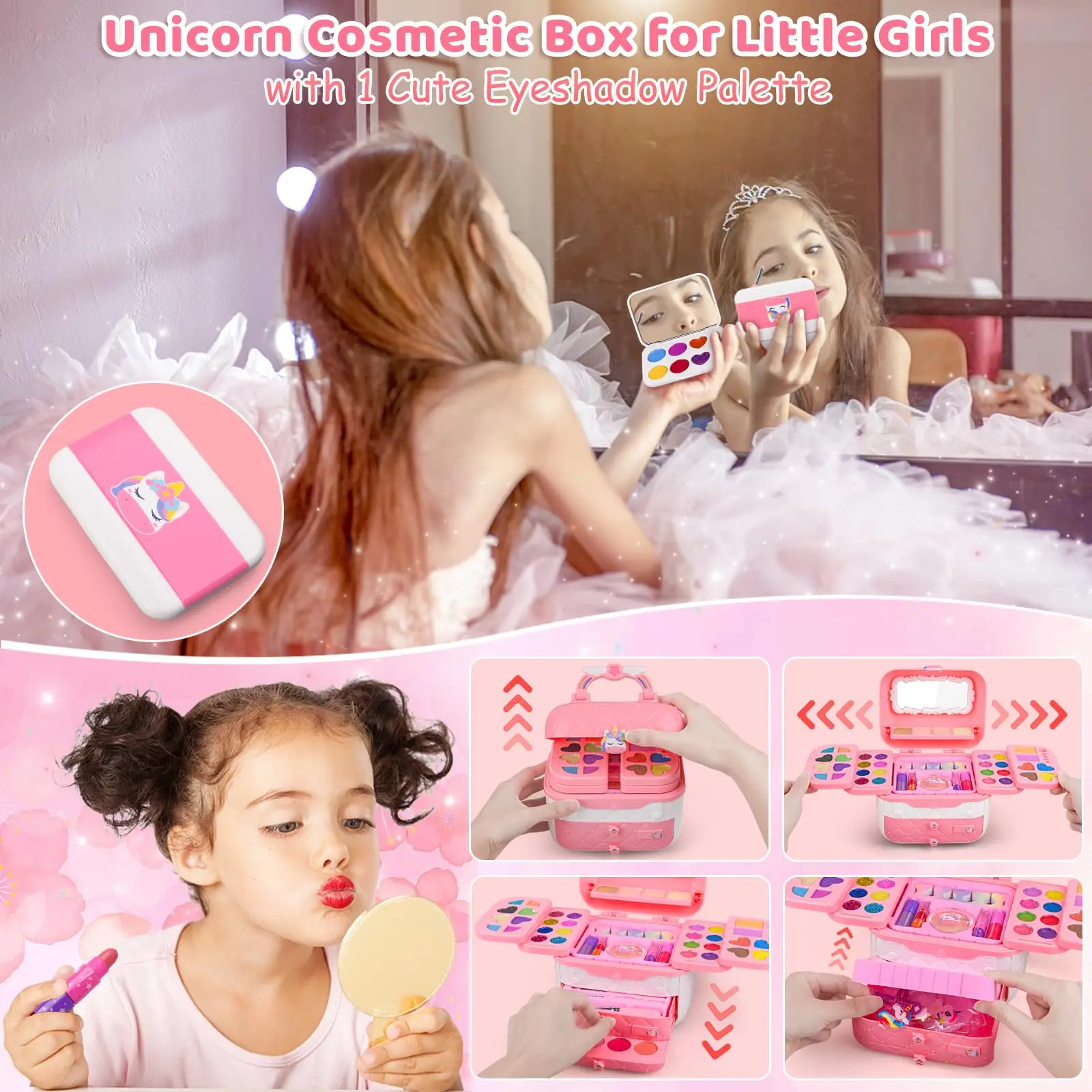 80 PCS Kids Makeup Kit for Girls 5 6 7 8 Years Old, Unicorn Girls Toy for Little Birthday, Princess Dolls Dress Up Toy