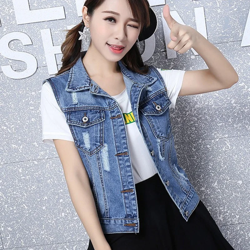 2022 New Spring Autumn Denim Vest Women Clothes Vintage Hole Sleeveless Jean Waistcoat Short Jacket Female Outerwear