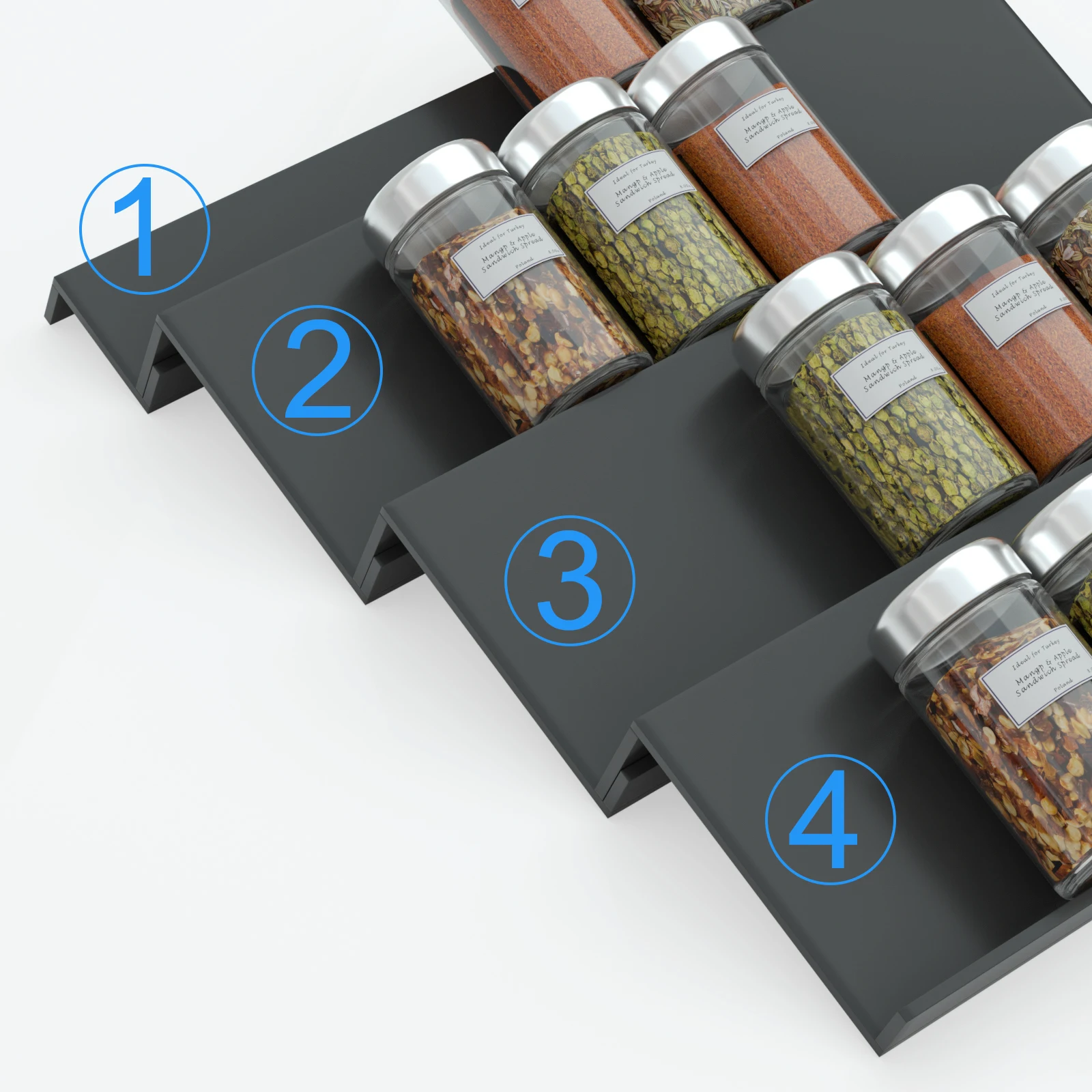 Description Picture 5 of itemAcrylic 4 Tier Spice Drawer Organizer Rack Seasoning Jars Drawer Insert Storage Tray Expandable Kitchen Cabinets Organizer Rack