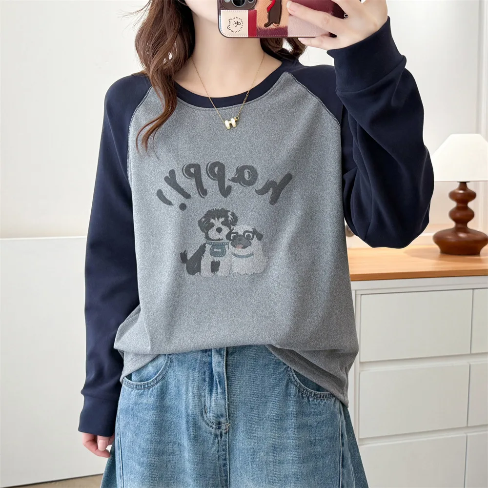 XXXXL Fashion Plus Size Women's T-Shirt Autumn Winter Style De Velvet Warm color-blocking Printed Cartoon Thickened Inner Top