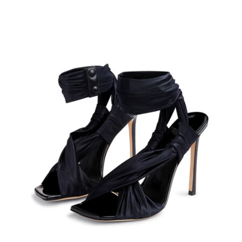 European and American Summer Silk Ribbon Wrapped Open Toe Ultra High Heel Black Green Large Size 35-46 Banquet Women Sandals