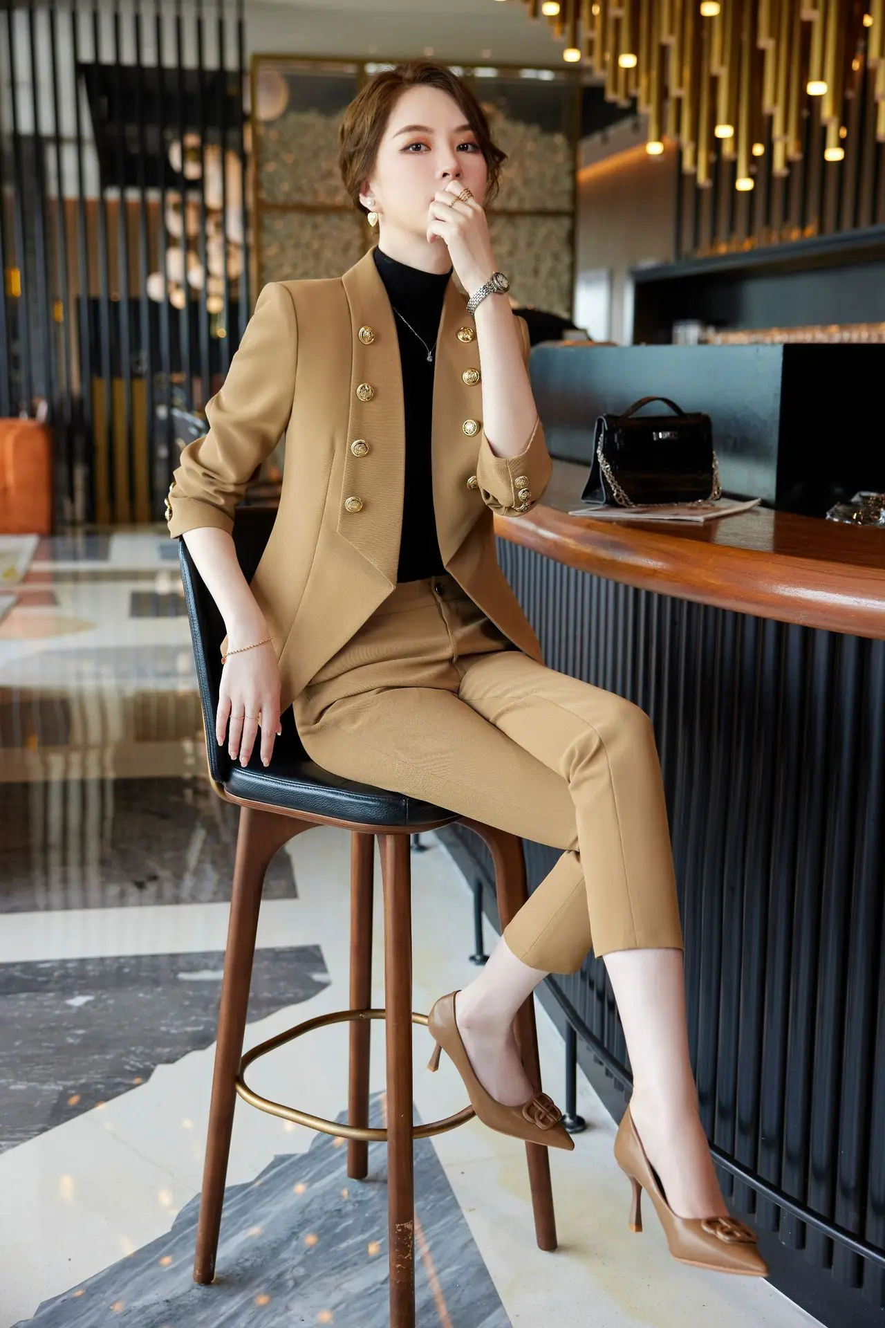 Saltpetre Women Three Piece Pant Suit In Natural Coffee,Brown For Formal  Wear - Cotton, Linen