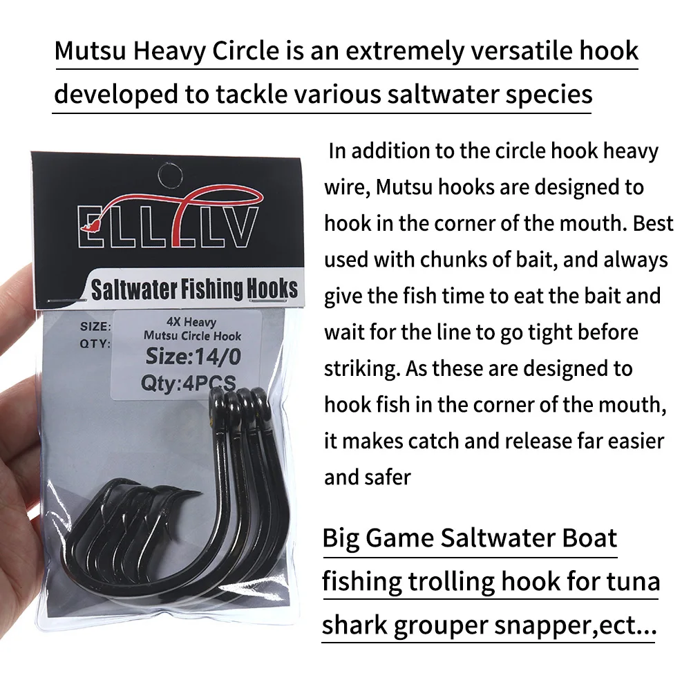 Elllv 4X Heavy Mutsu Circle Super Strong Saltwater Boat Fishing Trolling Hook Offset 5/0 - 16/0 for Grouper Snapper Tuna Shark