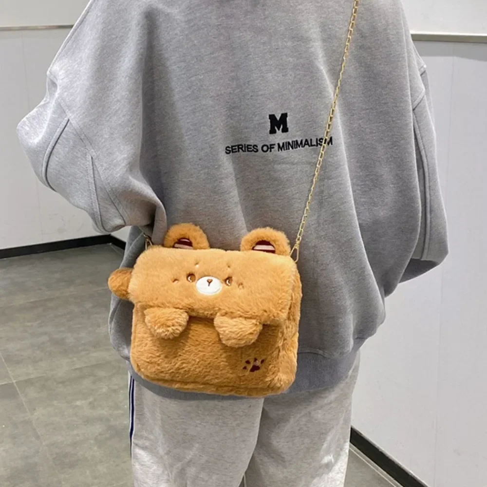 New Cute Little Bear Shoulder Bag for Women Soft Fluffy Kawaii Versatile Purse Winter Casual Girls Kid Solid Color Crossbody Bag