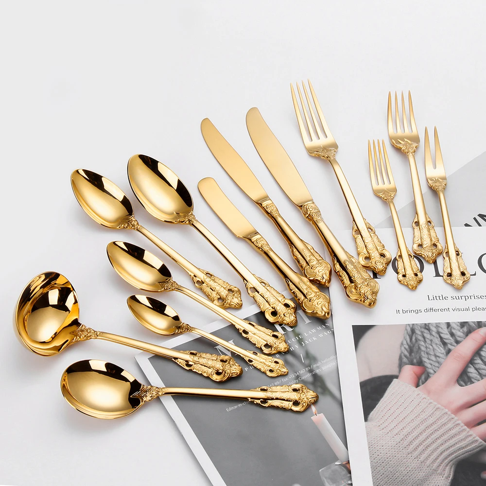 1Pcs Luxury Golden Dinner Set Vintage Western Stainless Steel Cutlery Sets Wedding Engraving Tableware Knife Fork Spoon Teapoon