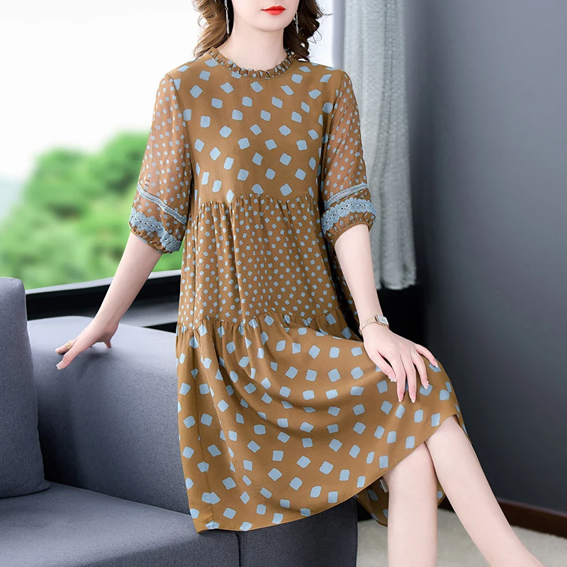 

Summer Plaid Natural Silk Lantern Sleeve Ruffled Collar Midi Dress Women Korean Vintage Party Dress 2024 Elegant Loose Dresses