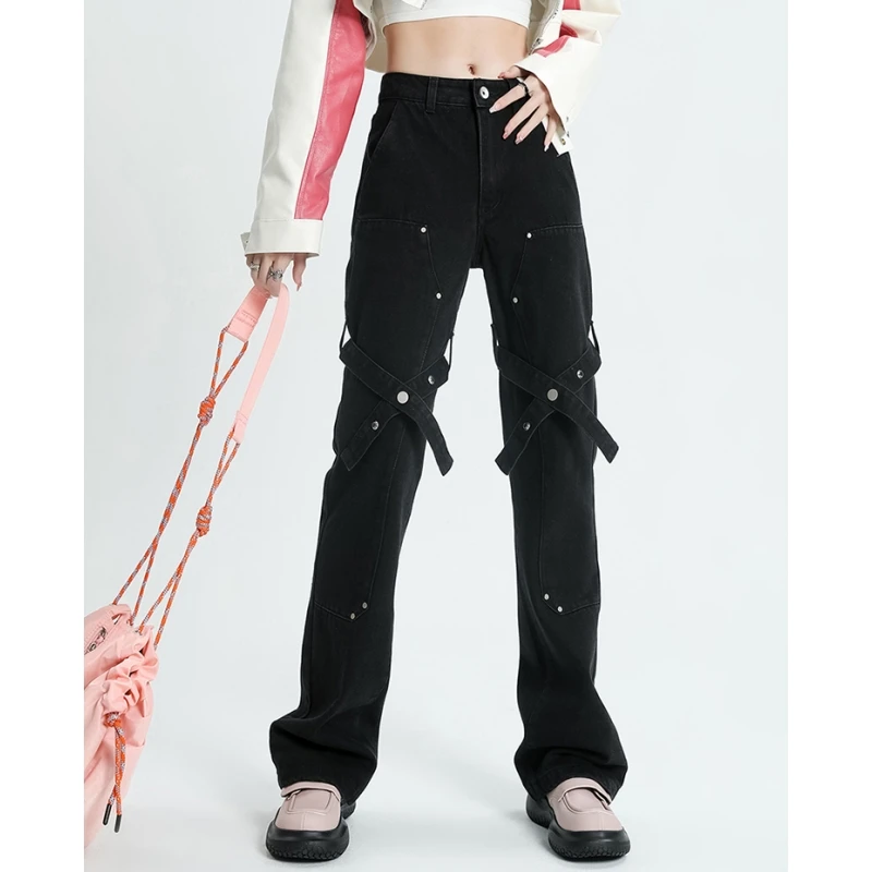

Black High Waist Women Jeans American Vintage Streetwear Denim Trouser Buttons Design Summer NEW Female Denim Wide Leg Pants