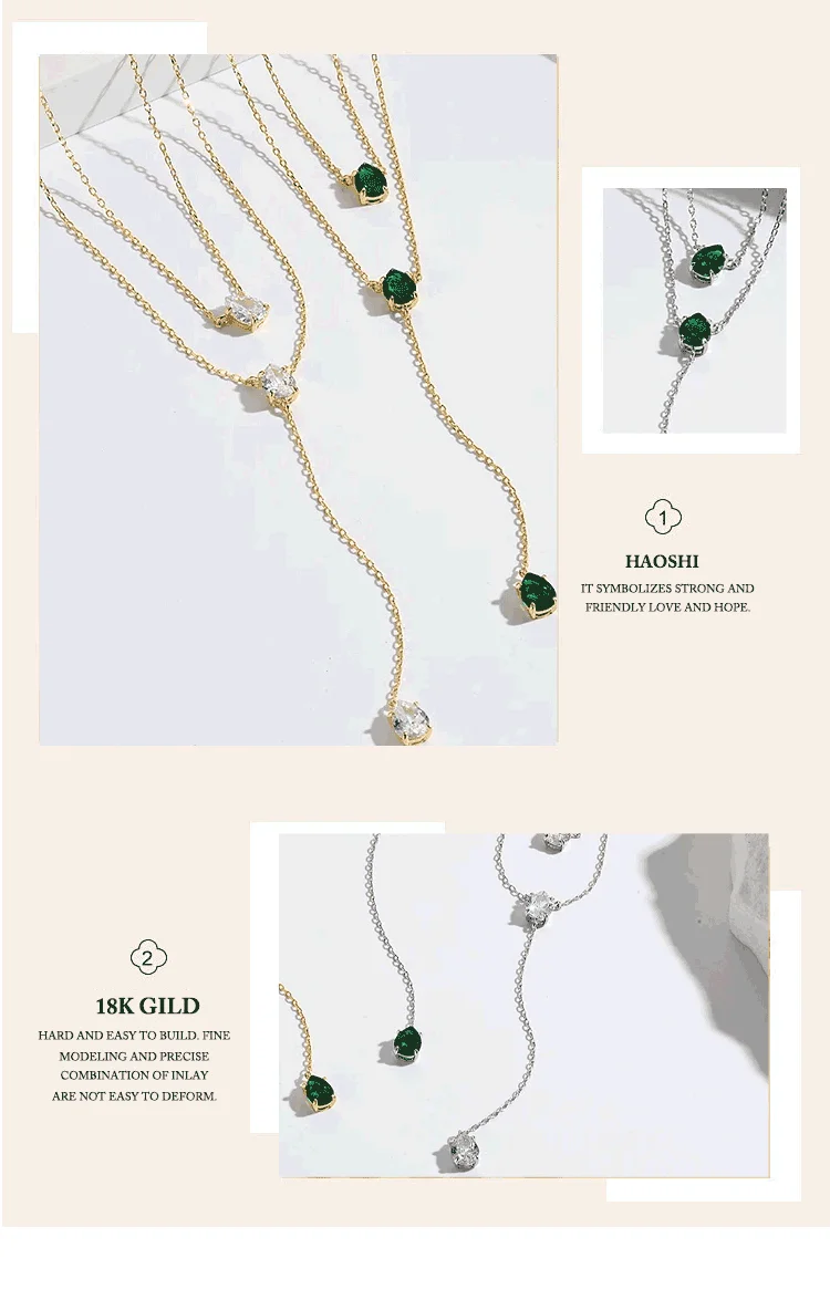 Hochwertige einfache doppelschichtige Tropfen-Charm-Halskette mit grünem CZ gepflastert für Damen, modischer klassischer Schlüsselbeinkettenschmuck – Detail 6