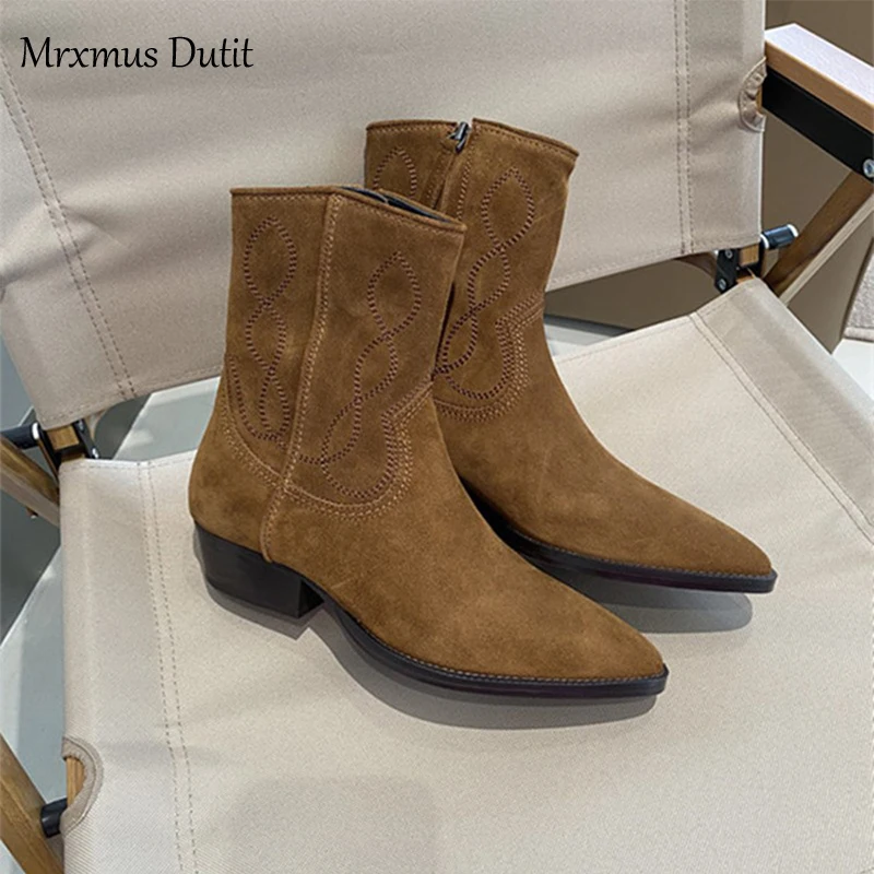 Mrxmus Dutit 2023 여성용  가죽 부츠, 러프 힐, 뾰족한 머리, 심플 캐주얼, 빈티지, 가을, 겨울 패션, 신상