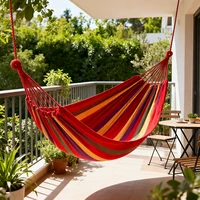 Double Hammock 2 Person Canvas Cotton Hammock with Tree Straps for Patio Garden Backyard Outdoor and Indoor (Red, Blue) 5