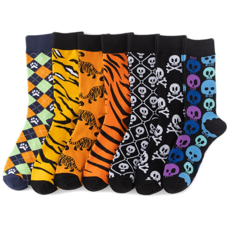 New Funky Skull Socks Men Tiger Cartoon Alien Novelty Hip Hop Orange