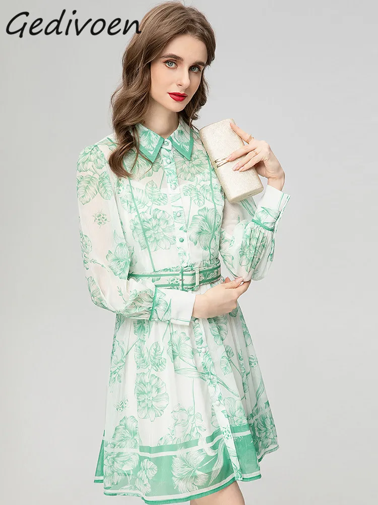 

Платье Gedivoen женское с отложным воротником, модное дизайнерское короткое однобортное платье для отпуска с поясом и цветочным принтом, весна