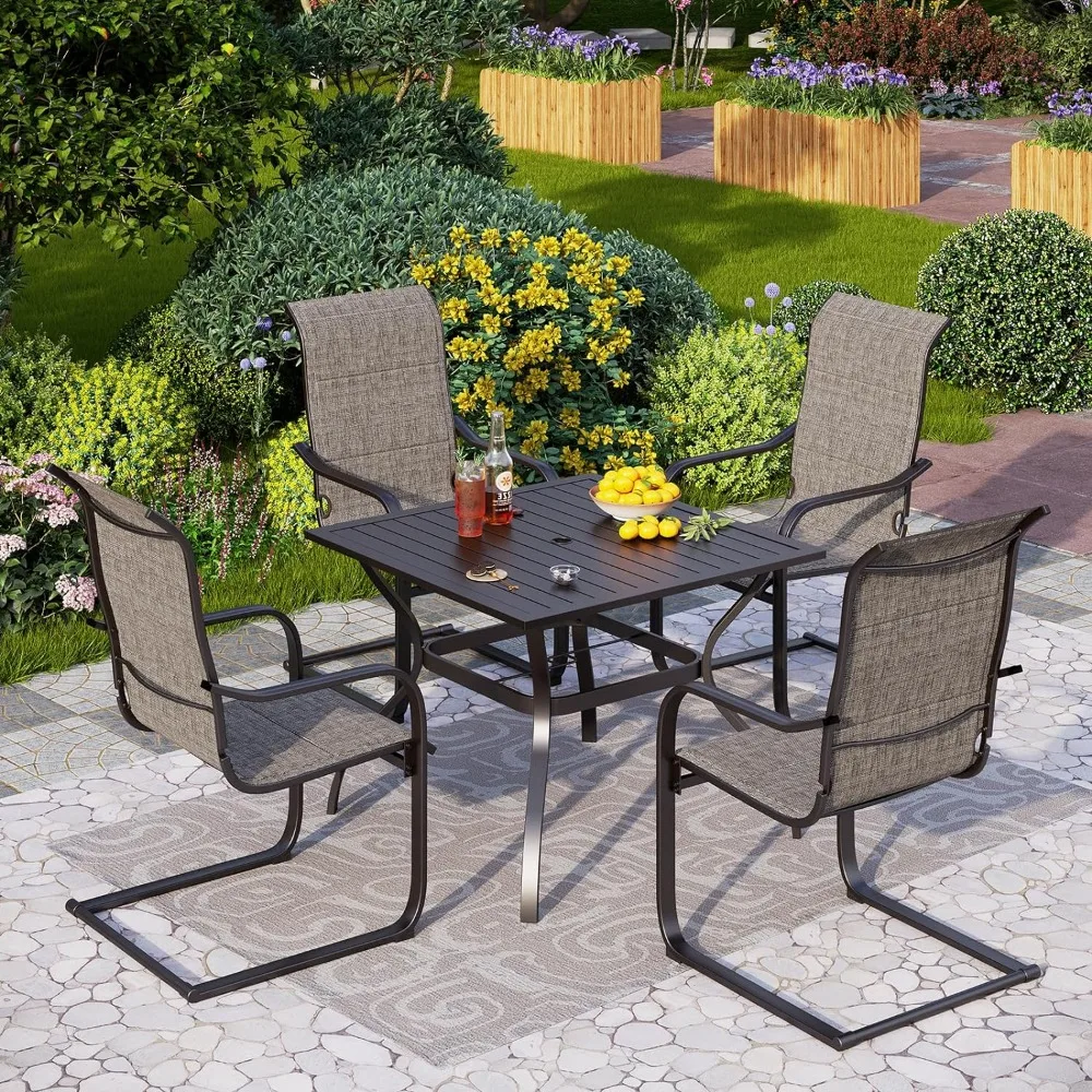 

5 Pces Outdoor Patio Table and Chairs 37” Square Metal Table With Umbrella Hole & 4 Patio Spring Dining Chairs Garden Furniture