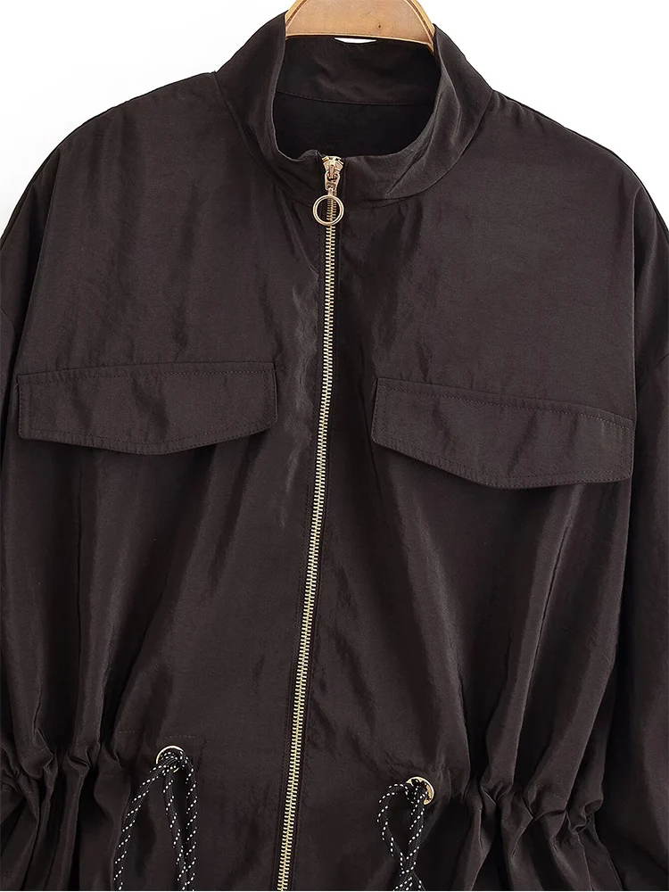 2025 Women Jacket Fashion Cargo Drawstring Waist Short Coats Women Casual High Street Long Sleeve Zipper New Jackets Outerwear