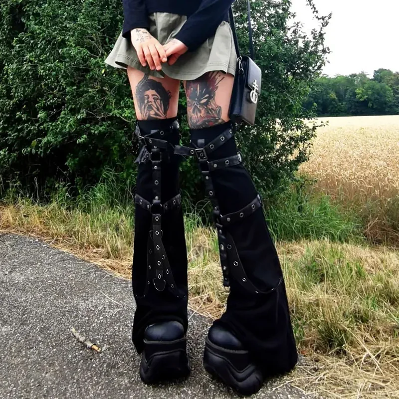 Gothic Eyelet Strap Women Trouser Legs Vintage Dark Academic Slim Bandage Leg Socks Black Knitted Boot Cuffs Leg Punk fashion harajuku women punk chain belt adjustable black double single eyelet grommet metal buckle leather waistband for jeans