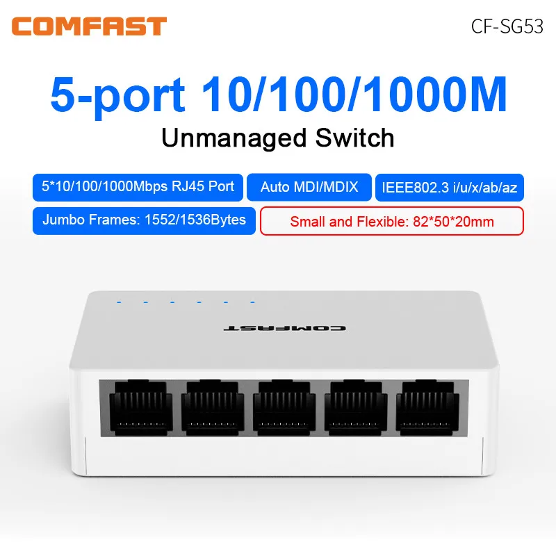 기가비트 이더넷 스위치, IEEE 802.3i u ab x az 표준 전이중 + 반이중 스몰 사이즈 스위치, 5 포트, 10, 100, 1000Mbps