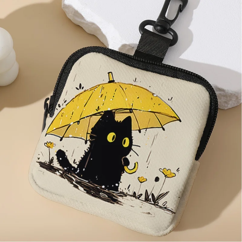 Yellow Umbrella Cat Print Coin Purse Artificial Leather Zipper Storage Bag Multi Functional Mini Earphone Case