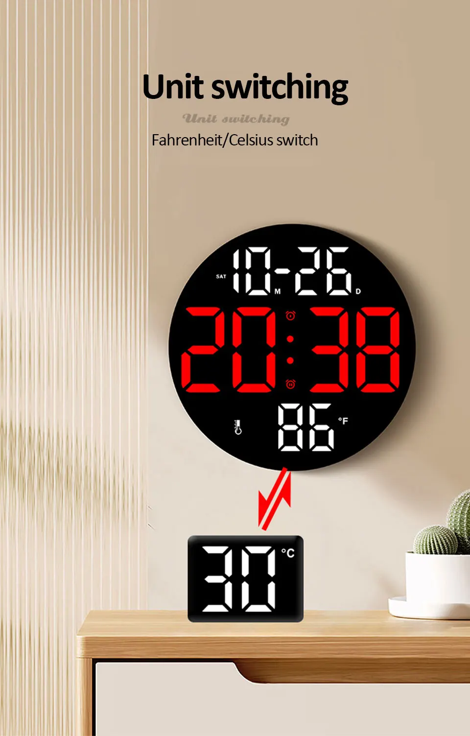 Description Picture 6 of item10inch LED Large Digital Wall Clock with Dual Alarms Calendar and Temperature Display Brightness Adjustable Countdown Home Clock