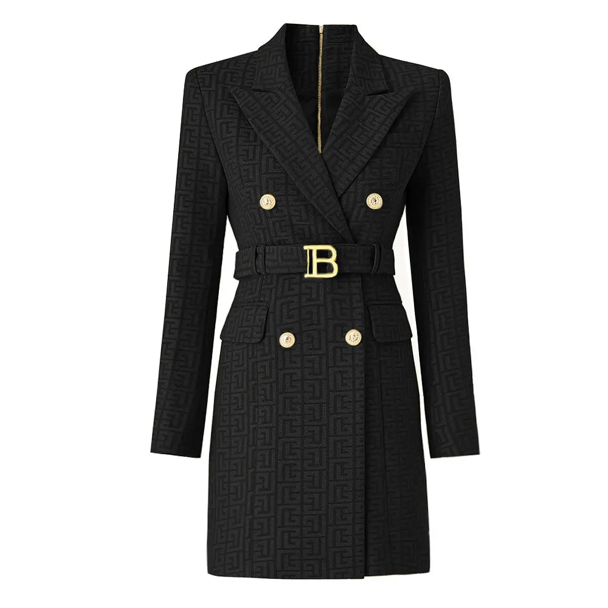 

2023 Spring And Autumn New Fashion High Quality Jacquard Belt Double Breasted Printed Long Sleeve Slim Fit Commuter Suit Dress