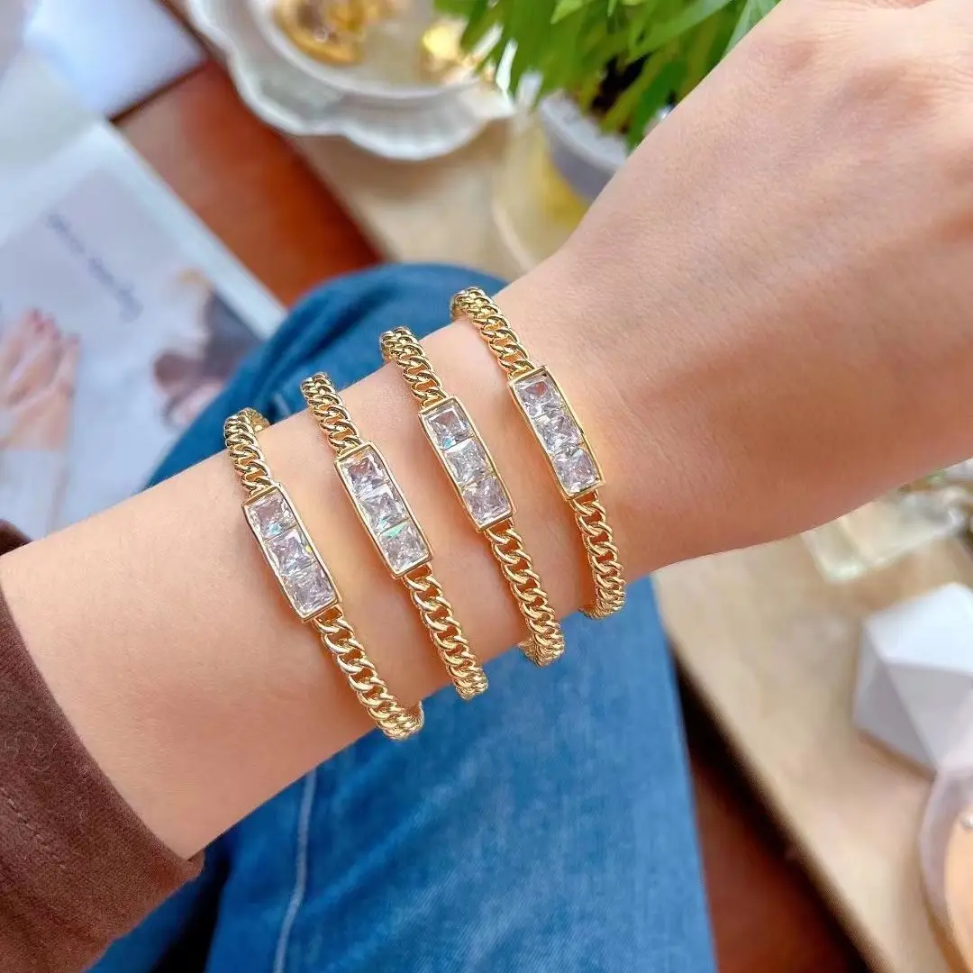 

3 шт., новинка, золотое покрытие, Геометрическая цепочка, Открытый браслет для женщин и девочек, сверкающие циркониевые украшения для вечеринок