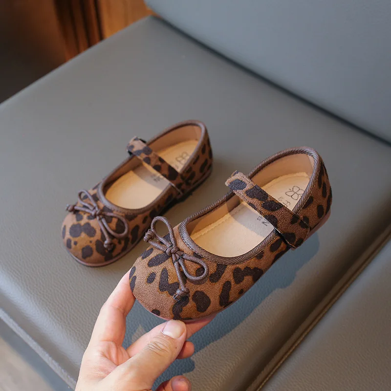 Kids Baby Girls Shoes Fashion Vintage Leopard Print Flat Single Shoes Cute Princess Ballet Mary Janes Shoes Anti-slip Large Size 2