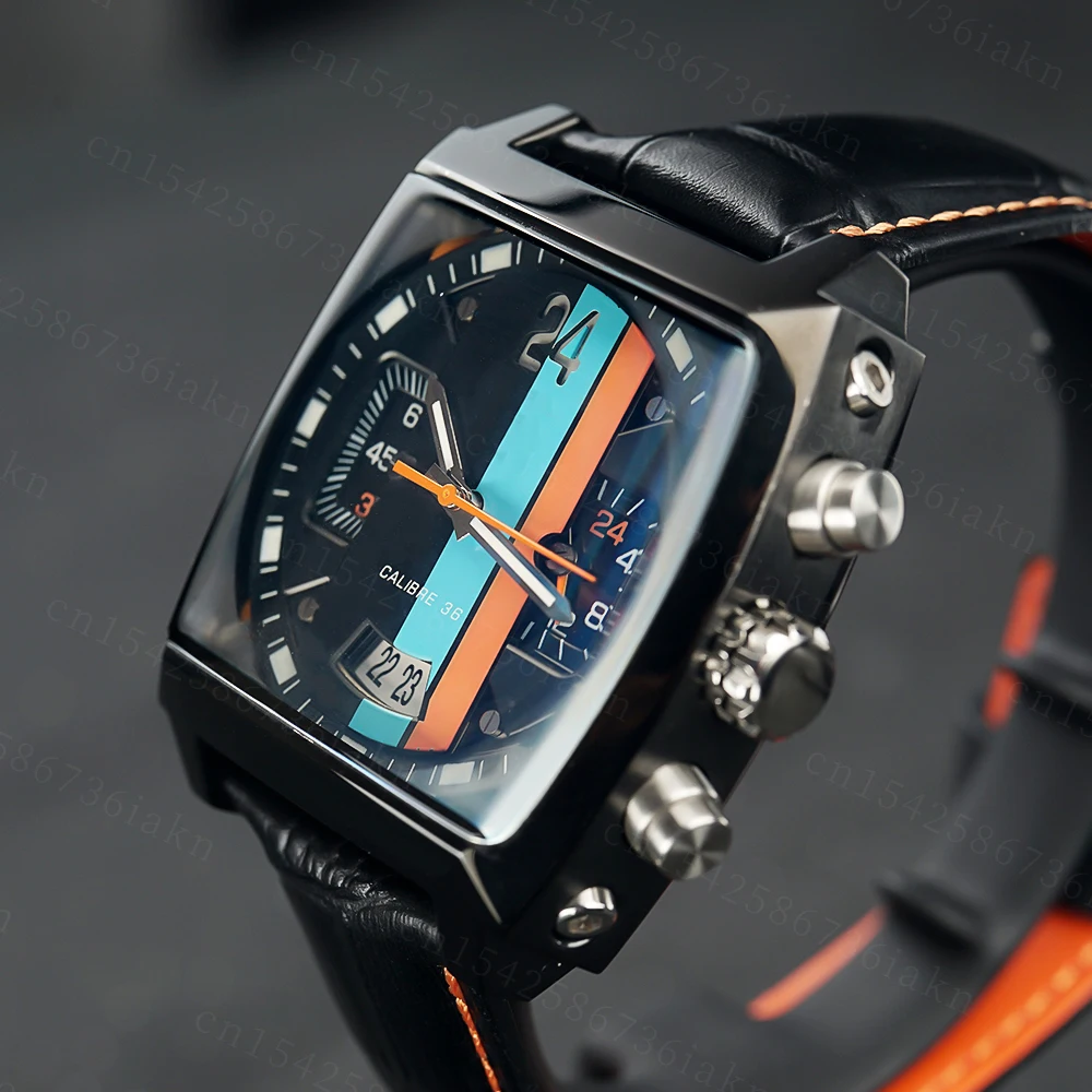 2022Fashion New Men's Color Bar Square Dial Sapphire Mirror Stainless Steel Leather Strap Sports Leisure Waterproof Quartz Watch