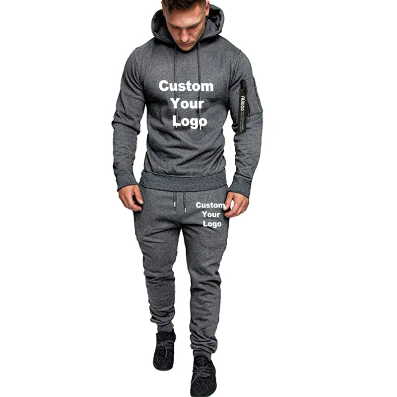 Men Custom Logo 2 Pieces Tracksuit Casual Hoodies Sweatshirts + Sweatpants Jogging Training Sportswear Streetwear Suit Jacket