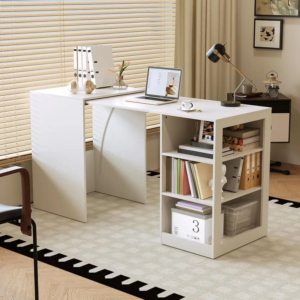 White 58-inch Office Desk with Pull-Out Table on Hidden Wheels, Featuring 3-Tier Open Shelves, Folding and Standing Desk Functio