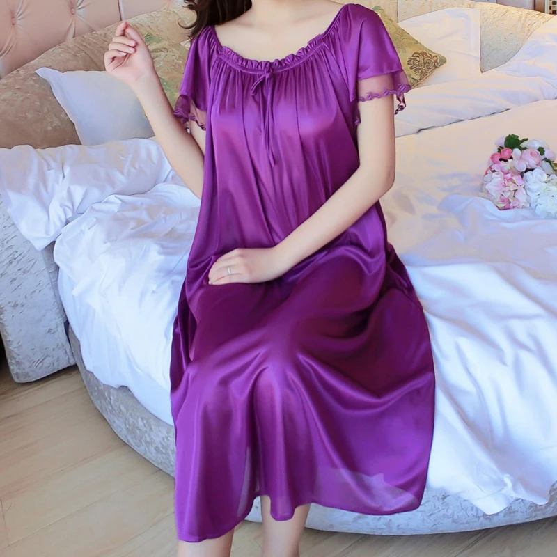 Women Night Gowns Sleepwear Lace Patchwork Nightwear Long Sleeping Dress Casual Ladies Home Dressing
