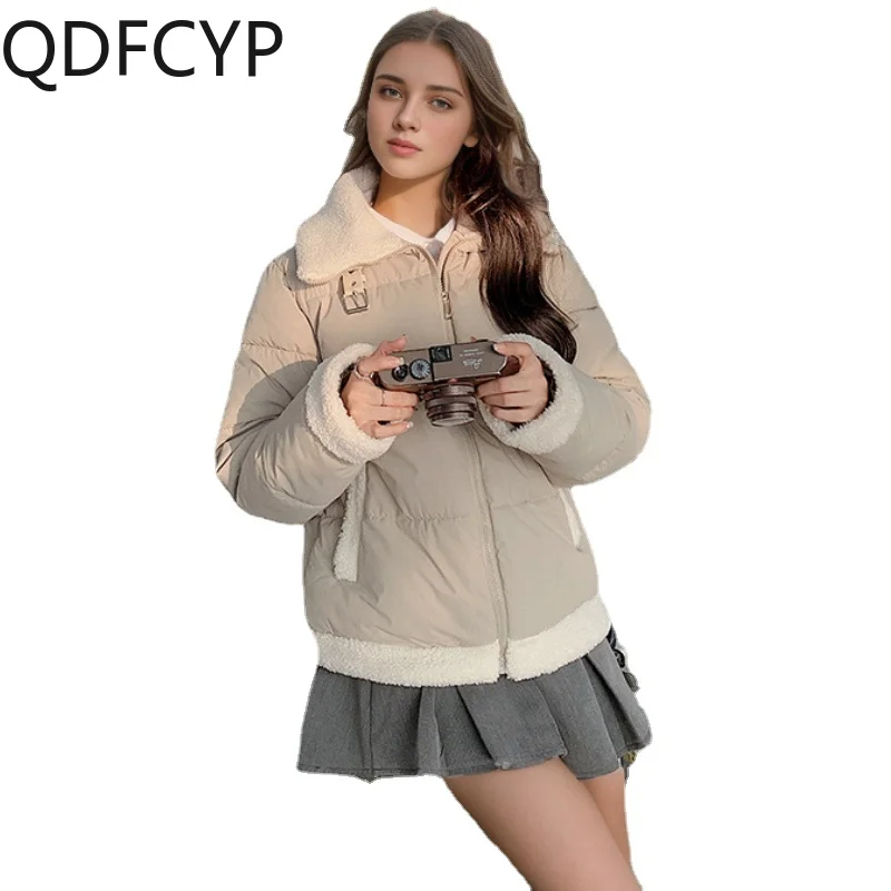 

2023 Winter Women's Coats New Lamb Wool Patchwork Fashion Sweet Cotton Jacket Casual Loose Stand Collar Lace-up Parkas for Women