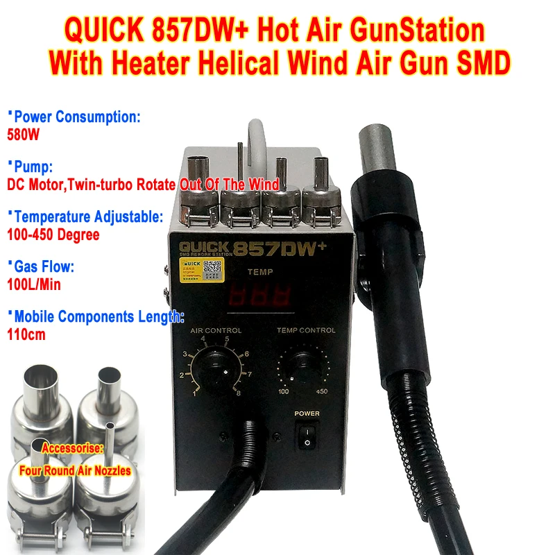 

LY QUICK 857DW+ Soldering Station 850W Adjustable Hot Air Gun Station With Heater Helical Wind Air Gun SMD Hot Rework Station