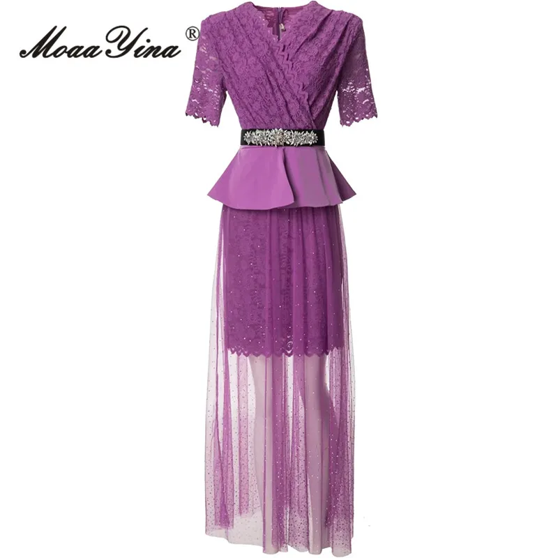 

MoaaYina Fashion Designer dress Summer Women Dress Purple V-Neck Embroidery High Waist Crystal Belt Flounces Net Yarn Long Dress