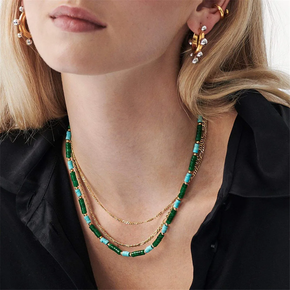 

Ожерелье женское из натурального камня, ожерелье с разделенными бусинами синего и зеленого цвета в европейском и американском стиле, винтажная бижутерия, модный подарок