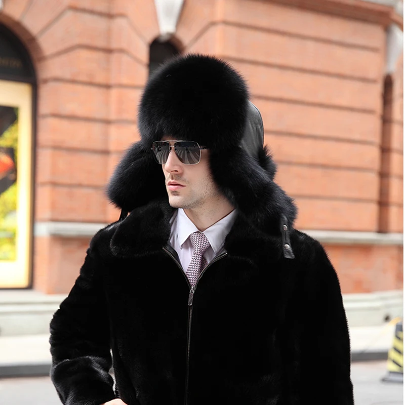 Winter Men's 100% Real Silver Fox Fur Bomber Hat Raccoon Fur Ushanka Cap  Trapper Russian Man Ski Hats Caps Real Leather