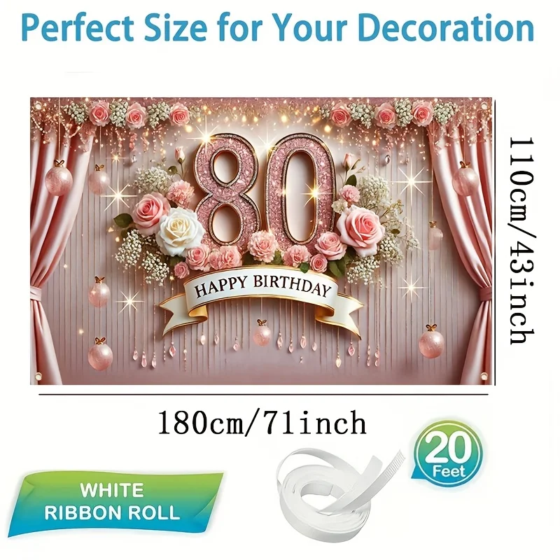 Elegant 80th birthday celebration banner - polyester fiber, rose gold and diamond digital design, birthday party decoration