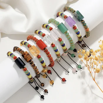 Cylinder Shape Natural Stone Braided Bracelet 6mm Gem Quartzs Amethysts 7 Chakra Flat Beads Bracelets For Women Men Yoga Jewelry