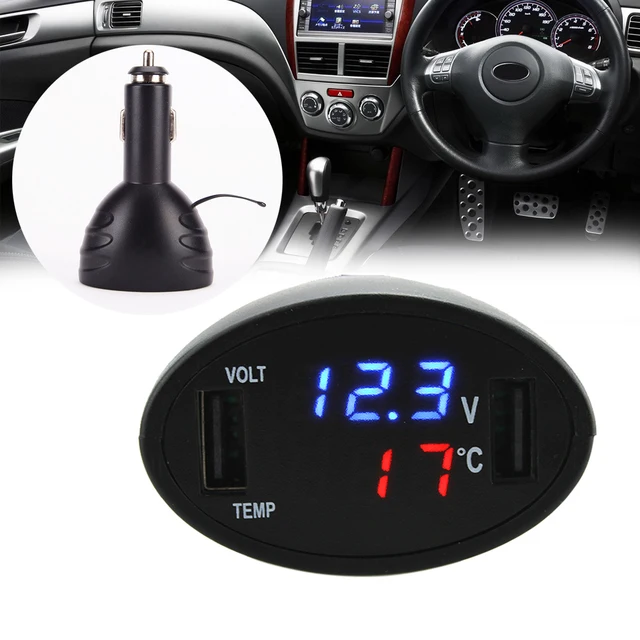 3in1 Car Cigarette 12V Dual USB Charger LED Thermometer Voltmeter Black