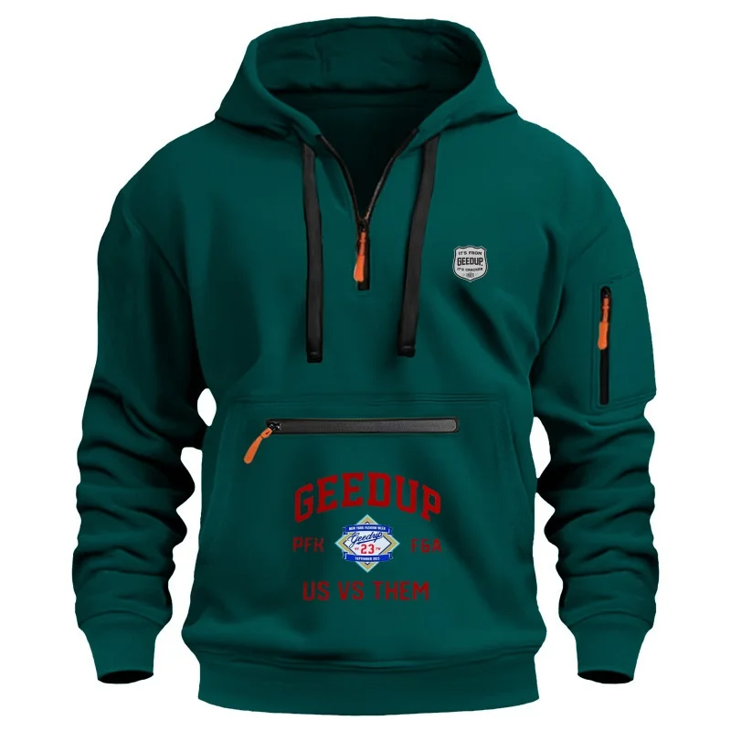 Men's casual hoodie, autumn and winter solid color new fashion multi-pocket zipper large size loose long-sleeved sports hoodie