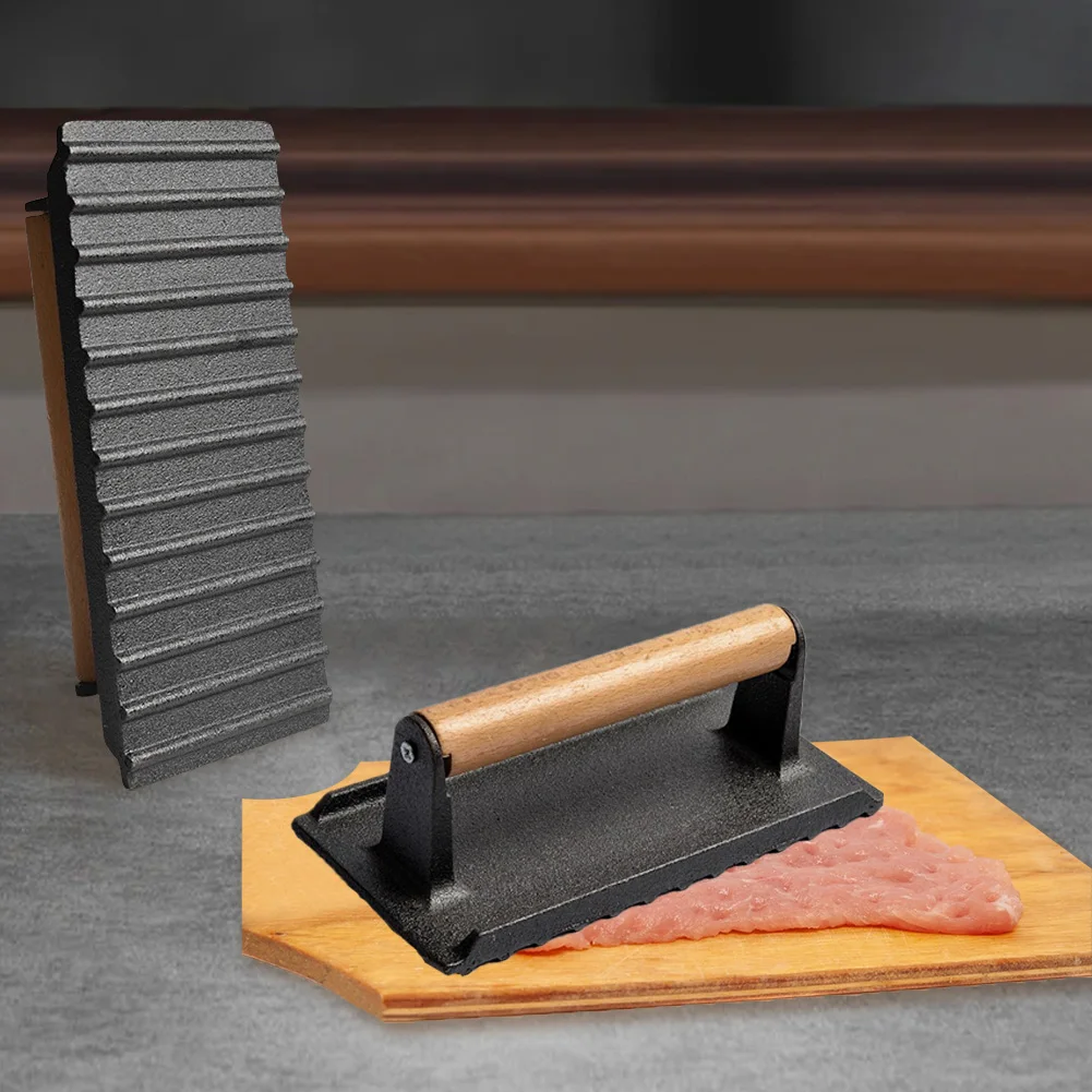 Cast Iron Flat Top Grill Hamburger Grinder with Wooden Handle Kitchen Heavy Flat Steak Weight/Bacon Press Hamburger Patty Maker